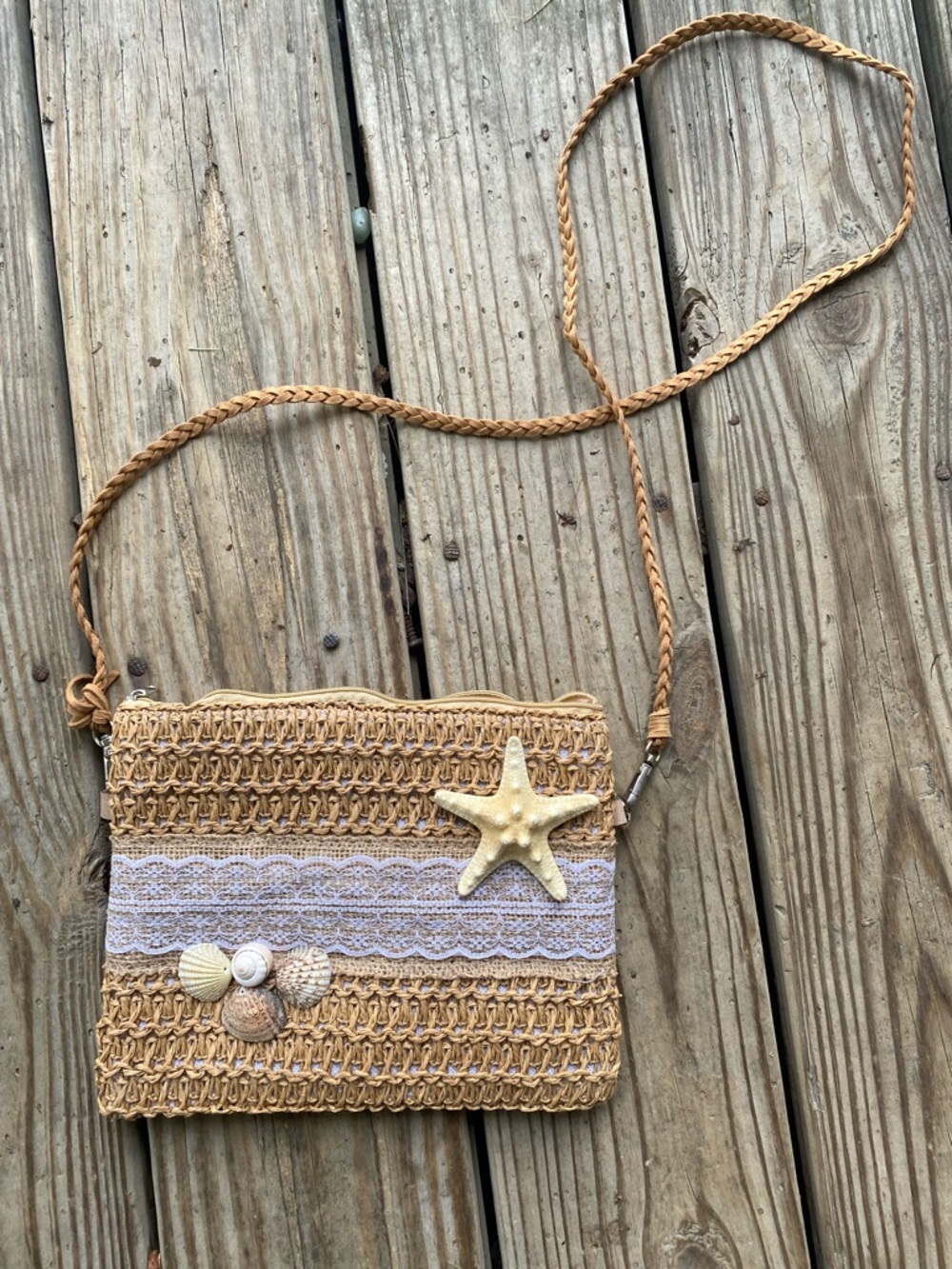 🐚 (NWOT!)Straw & Lace Crossbody Bag with Real Seashells & Starfish Accents!